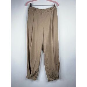 Lattelier Tan Pleated Pants Linen Cotton High Rise Relaxed Cropped Neutral Small